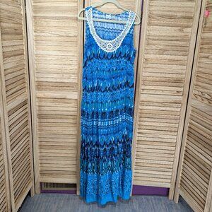 Kim Rogers Blue Sleeveless Maxi Dress with Crochet Detail Size 1X